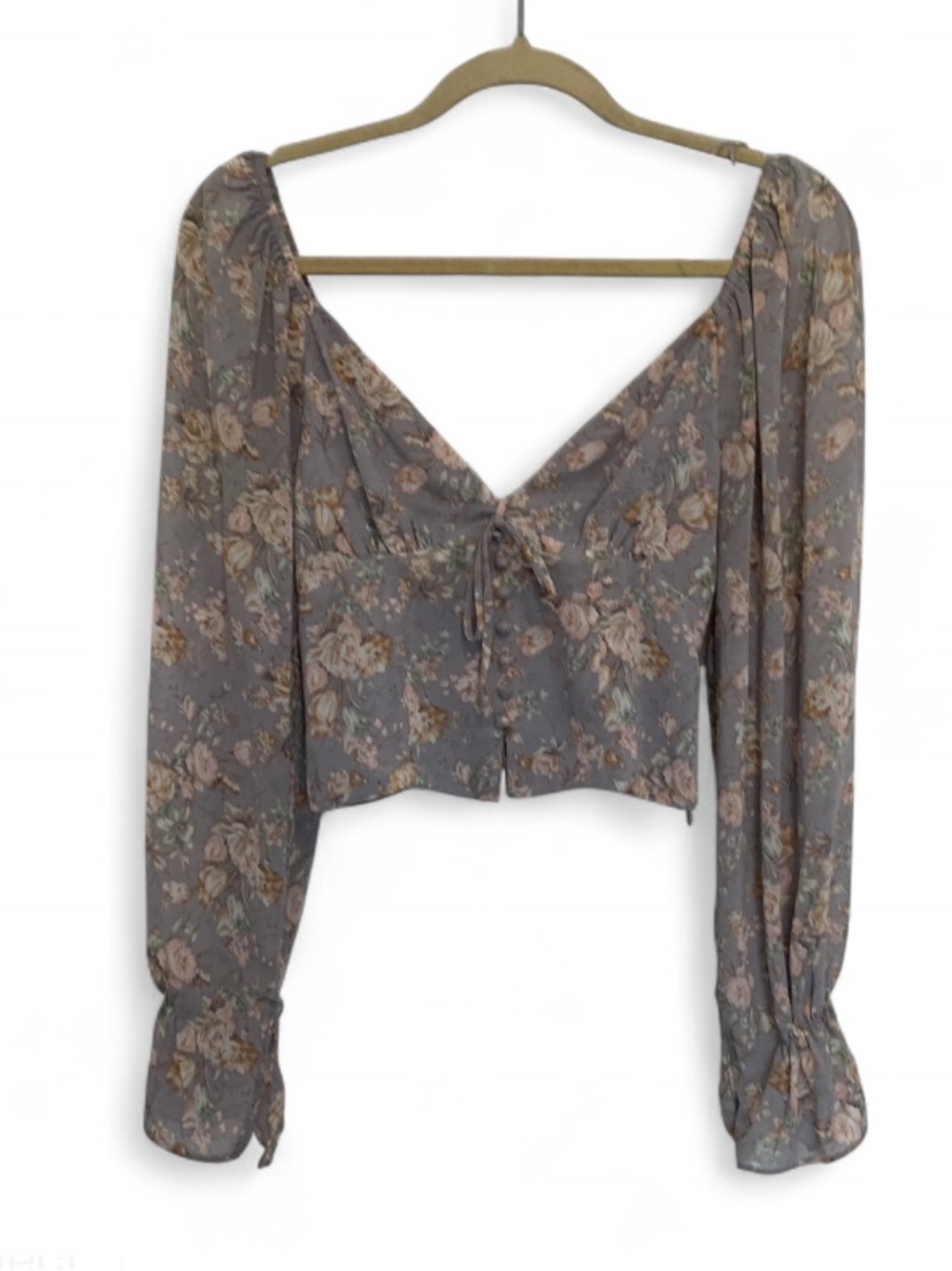 Dress Form Gray Floral Tie-Neck Long Sleeve Crop Top